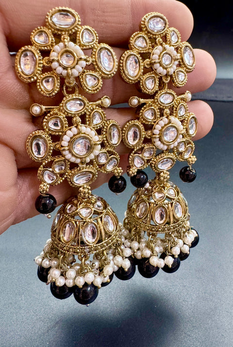 Kundan stone with Black pearls work beautiful bigger Jhumka