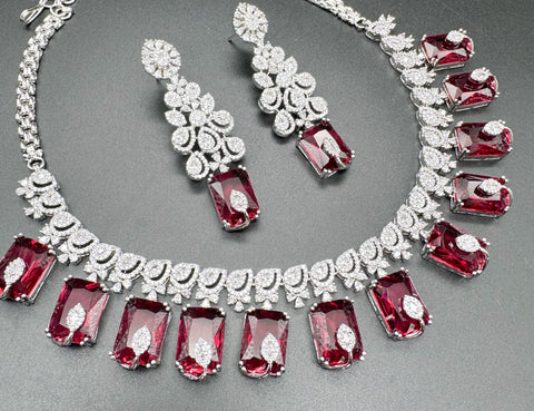 Beautiful American Diamond semi Bridal Necklace With Ruby Crystals