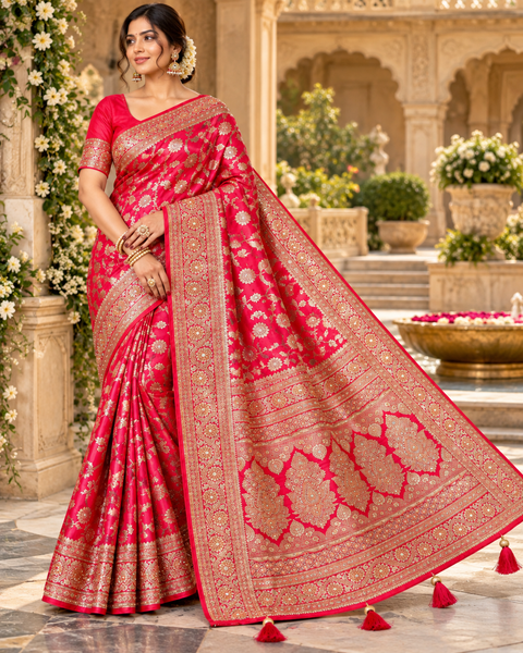 Elegant Soft Banarasi Silk Saree featuring rich woven detailing with sparkling stone work,beautifully heavy stone-work pallu.Comes with an attached blouse piece.Blouse worn by the model is for reference only.Slight variation in colour and design may occur