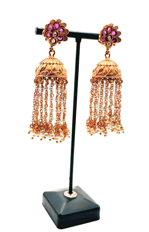 Mat Look Golden polki stone with pearls work beautiful Jhumka