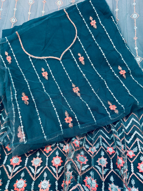 Ombré shades Netting based embroidery work multiflared beautiful lehnga with embroidery work design in blouse and embroidery dupatta (Unstitched Lehnga)