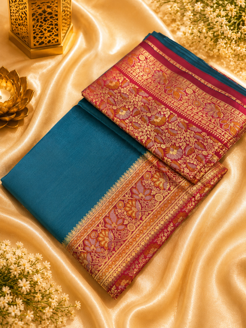 Beautiful Soft Silk Saree With Contrast Zari Border And Contrast Plain Blouse.Saree Comes With An Attached Blouse Piece. Model Blouse Is For Reference Only. Slight Variation In Colour And Design May Occur