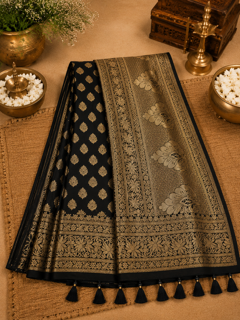 Elegant Black Banarasi Silk Saree featuring rich zari weaving, intricate traditional motifs and graceful tassel detailing on pallu,Comes with an unstitched running blouse piece attached to the saree (slight variation in color and design is possible