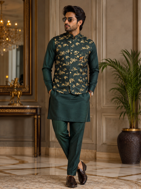 Kai Green colour silk based kurta with pants  &  brocade jacket (slight variation in color and design is possible)
