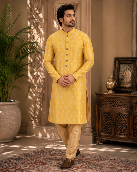 Soft Silk based Heavy brocade work designer Kurta with golden Pajama (slight variation in color and design is possible)