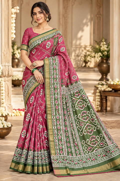 Soft silk blend saree with a flowy drape and elegant ikat-inspired weave. Contrast teal zari border adds a graceful look.Blouse piece attached. Slight variation in color/design may be possible.
