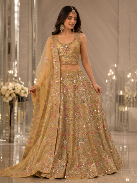 (Video clip attached)Gold colour netting Based Beautiful Embroidery & Mirror Work With Golden Fine Stones& beaded work Heavy Layered Designer semi/Bridal Lehnga (unstitched lehnga)slight variation in color and design is possible)