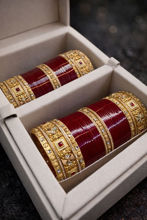 A stunning Maroon bridal chura set featuring rich glossy bangles paired with intricately designed gold-toned kadas. Embellished with fine stone detailing and delicate patterns, this set perfectly blends traditional elegance with a modern touch