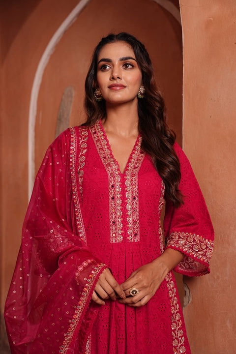 Pure & Soft Rayon Based Designer Embroidered & Mirror Work Chikankari Kurti With Plazo Pants & Dupatta(Video Clip Attached)