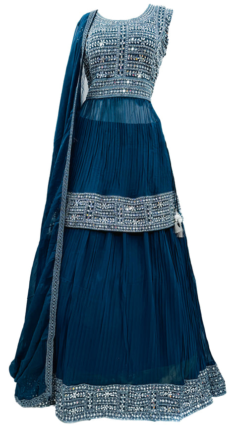 Georgette based embroidery with mirror work design beautiful flared Kameez with georgette Lehnga and georgette dupatta