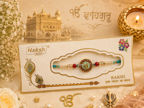 Elegant handcrafted Rakhi with premium beads and sparkling stonework, beautifully crafted to celebrate the special bond of love and protection.