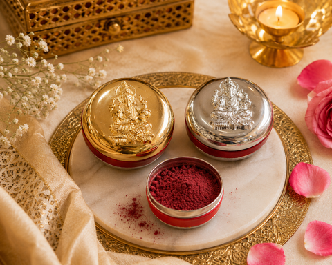 Ganesh Ji Sindoor Box – Beautifully packed sindoor in an elegant Ganesh Ji box, available in Gold and Silver finishes. Premium quality, perfect for daily pooja, gifting, and festive occasions. Price is per box.