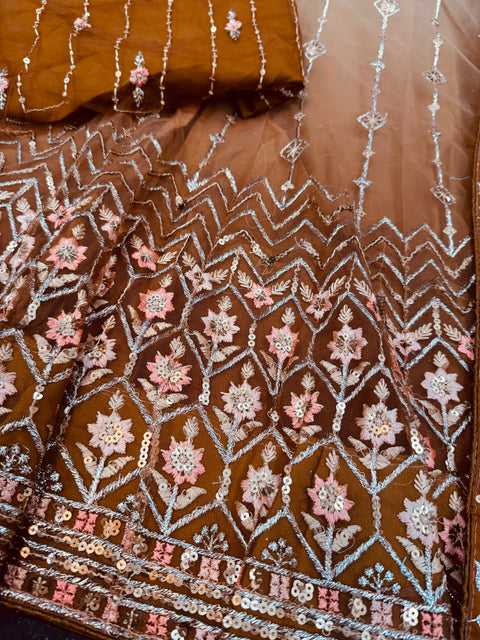 Ombré shades Netting based embroidery work multiflared beautiful lehnga with embroidery work design in blouse and embroidery dupatta (Unstitched Lehnga)