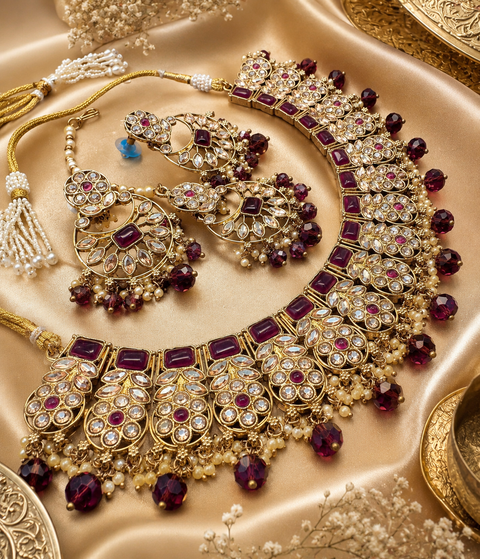 Original Polki stone with pearls beaded work beautiful necklace with jhumka and tikka set