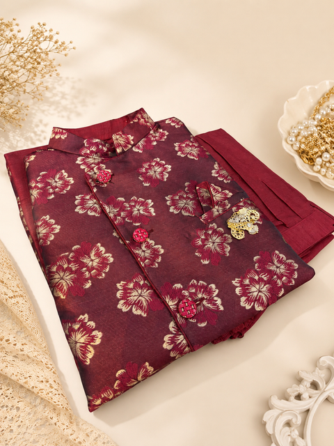 Maroon colour silk based kurta with pants  & brocade jacket (slight variation in color and design is possible)