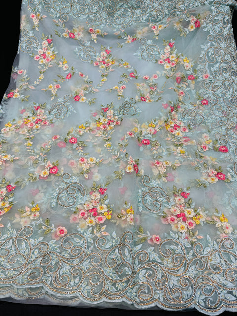 (Video Clip attached ) Very heavy work designer Pastel Baby Blue Colour Heavy Stone Work & Embroidery Jaal Work Beautiful Netting Designer Saree And Embroidery Work Blouse design