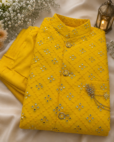 Mirror work Jacket with Raw Silk based Kurta & pants (slight variation in color and design is possible)