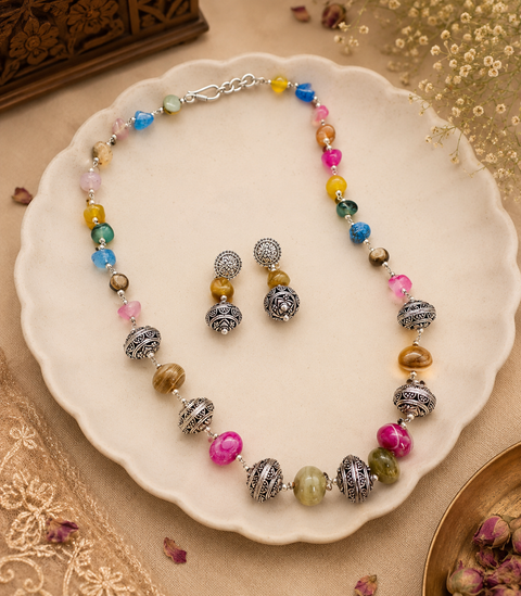 The unique colorful gems with beaded stones design Beautiful work oxidised Necklace with earrings