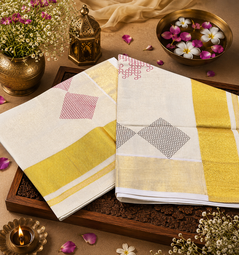 KERALA Gold Tissue SAREE WITH BEAUTIFUL Dotted PRINT (slight variation in color & design is possible)