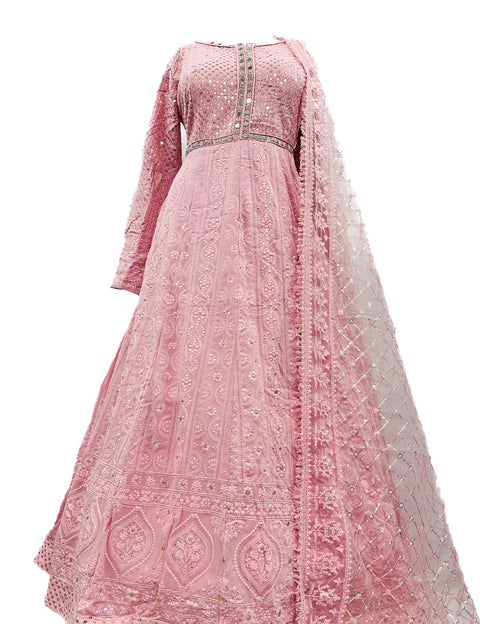Chiffon based lakhnavi embroidery work with sequins and mirror work design on neck, heavy flared long kameez with heavy embroidery work netting dupatta