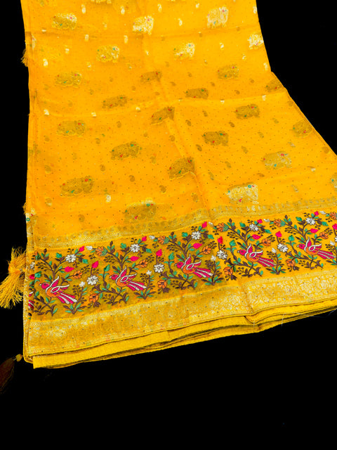Organza silk very soft brocade saree with stone work and tessels attach on Pallu