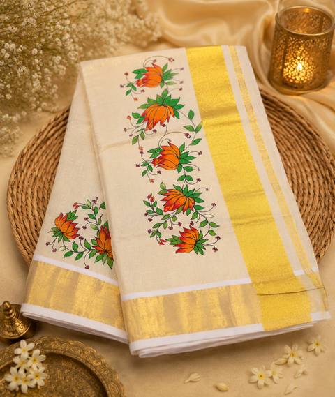 KERALA Gold Tissue SAREE WITH BEAUTIFUL FLORAL PRINT (slight variation in color & design is possible)