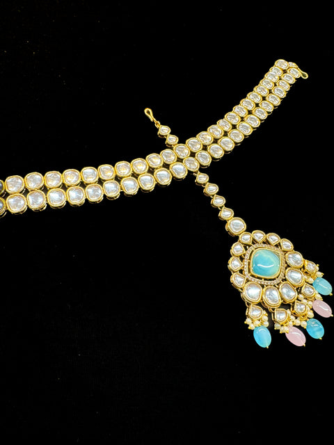 (video clip attached)Pastel Pink & Blue Beautiful uncut Kundan stones with pearls studded very Heavy work necklace with beautiful Jhumka Passa, Sheesh Patti attached to tikka ,Hand Jewellery and Nath NOTE:- original Kundan stones not fake plastic stones)