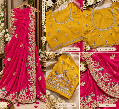 Elegant soft saree featuring intricate traditional figure and floral handwork with a rich scalloped border for a festive statement look. Attached blouse piece included; model blouse is for reference only. Slight variation in colour and design is possible.