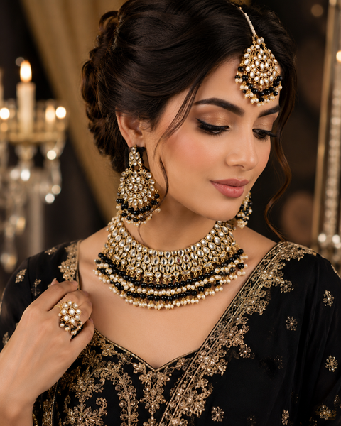 Black pearls with kundan beautiful necklace set (slight variation in color and design is possible)