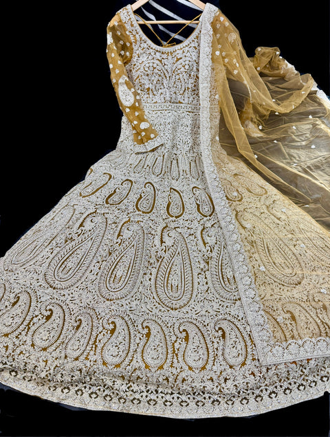 (Video clip attached)netting Based bridal style heavy design stones work With heavy embroidery Work at front and back Designer Flared Kameez /Gown And netting Based Embroidery Work heavy Dupatta