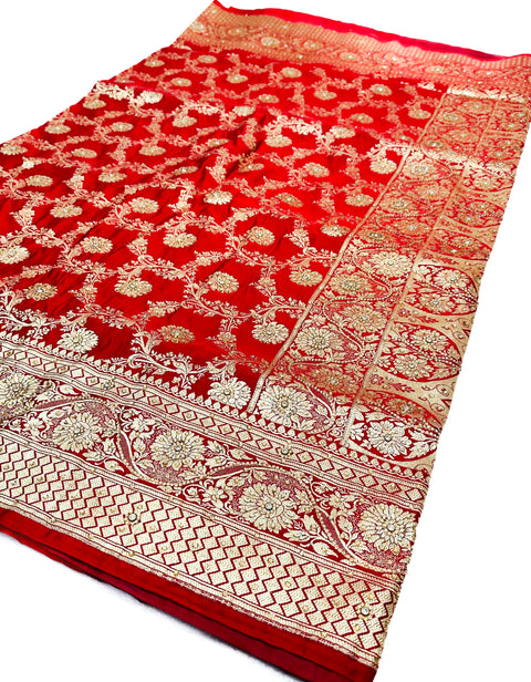 Beautifully designed Banarasi Silk Saree with heavy Handwork with stones & Zari