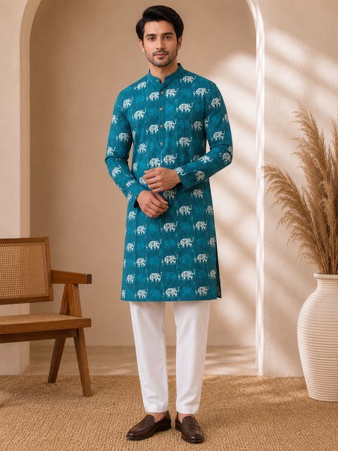 Pure cotton based Men’s Printed kurti (sizes mentioned in inches ,not according to the label on Kurti)size 44 kurti- Length 40 inches and size 46-length 42 inches ) Kurti only. Pants not included.