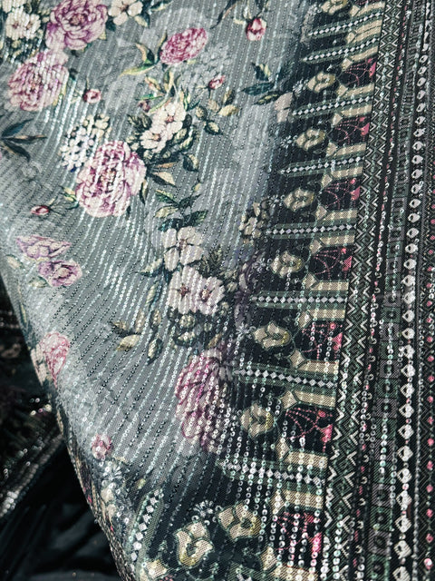 (Video clip attached ) Sequined Soft Fabric Designer Sarees In Print Work With contrast Sequined Blouse