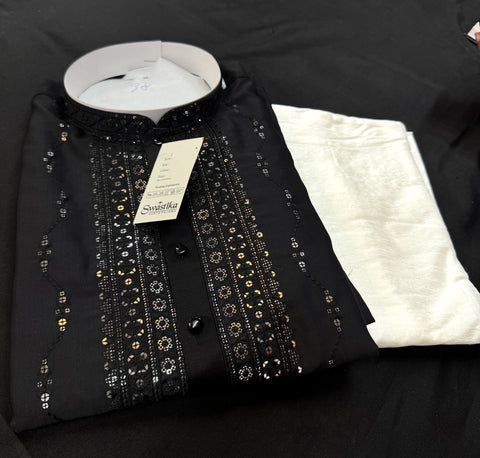 Soft Malmal Based Beautiful Embroidery Work With Sequins Work Designer Kurta With white Pajama