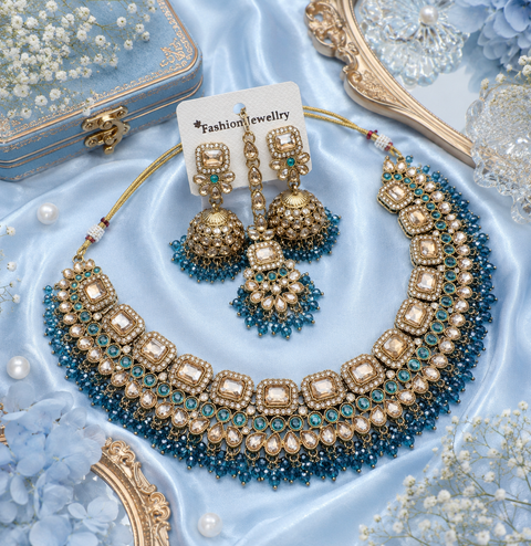 Polki stone with pearls beaded work beautiful necklace with jhumka and tikka set