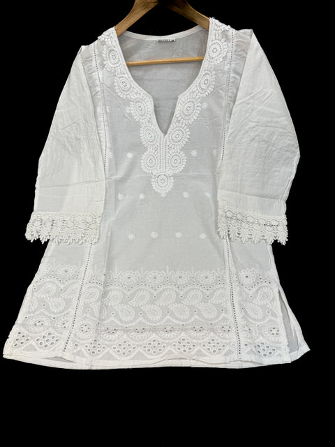 Embroidered Lucknow Chikankari White Cotton Short Kurti Top Tunic for Women