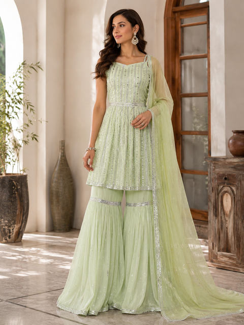 Georgette Based Mirror Work With Sequined Work Kameez & Sharara (slight variation in color and design is possible)