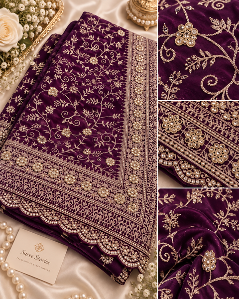 Fendi silk saree with all-over embroidery and stone work, finished with a richly detailed heavy pallu. Includes an attached embroidered blouse piece; model blouse is for reference only. Slight variation in colour/design possible.