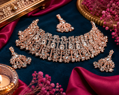 Rosegold & Silver Jerkan Stone Beautiful Necklace Set (slight variation in color and design is possible)