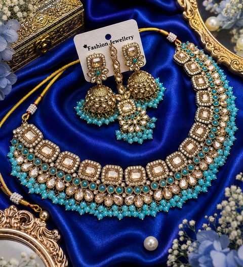 Polki stone with pearls beaded work beautiful necklace with jhumka and tikka set