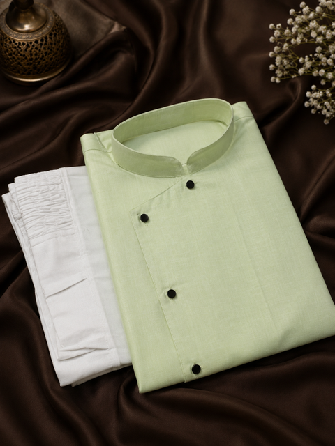 Lite lime green colour cotton linen based side cut style kurta with pants  (slight variation in color & design is possible)