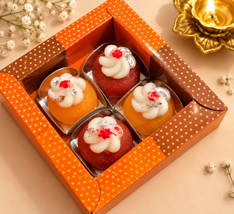 Gulab Jamun -Inspired Candle Set with silver foil-style detailing, perfect for Diwali décor, pooja and gifting. Slight variation in shape or finish may occur.