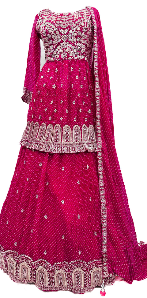 Georgette based embroidery work with Sequinned work design Bandhani print beautiful flared Kameez with georgette lehnga multiflared and georgette Dupatta