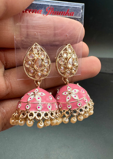 Polki Stone With Pearls Work Beautiful Meenakari Jhumka