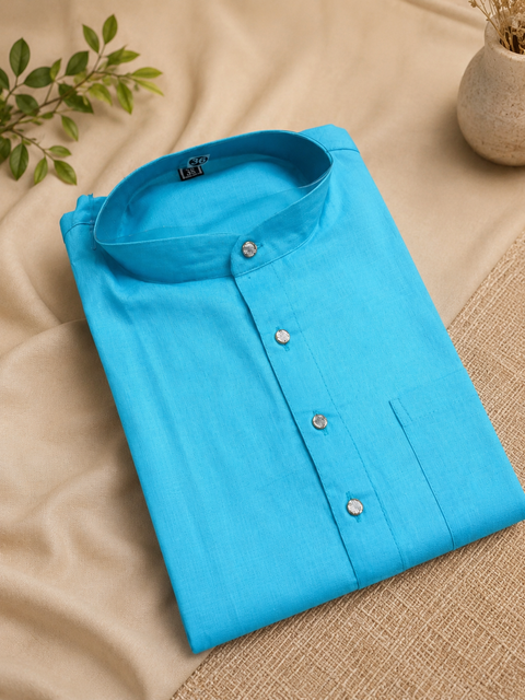 Sky blue Colour Cotton Kurta with White Pajama (slight variation in color and design is possible )