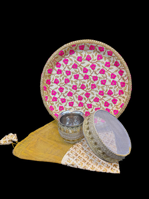 Decorated Karwachauth Thali Set (Thali, Channi, Lota(Kalash) Chunri