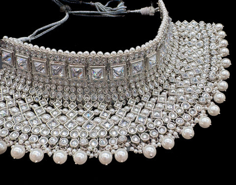 (video clip attached)Silver Original Kundan Polki stones & Pearls work Bridal necklace with beautiful Jhumka, tikka  NOTE:- original Polki stones not fake plastic stones)