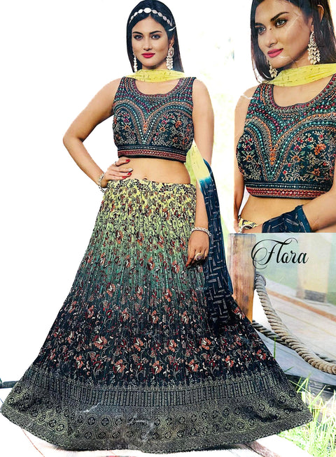 Embroidery with mirror work designer blouse with multicolour printed lehnga with netting dupatta