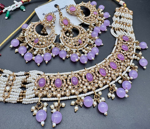 Polki stone with pearls beaded work beautiful choker style necklace with jhumka and tikka set