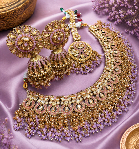 Original Polki stone with pearls beaded work beautiful necklace with jhumka and tikka set